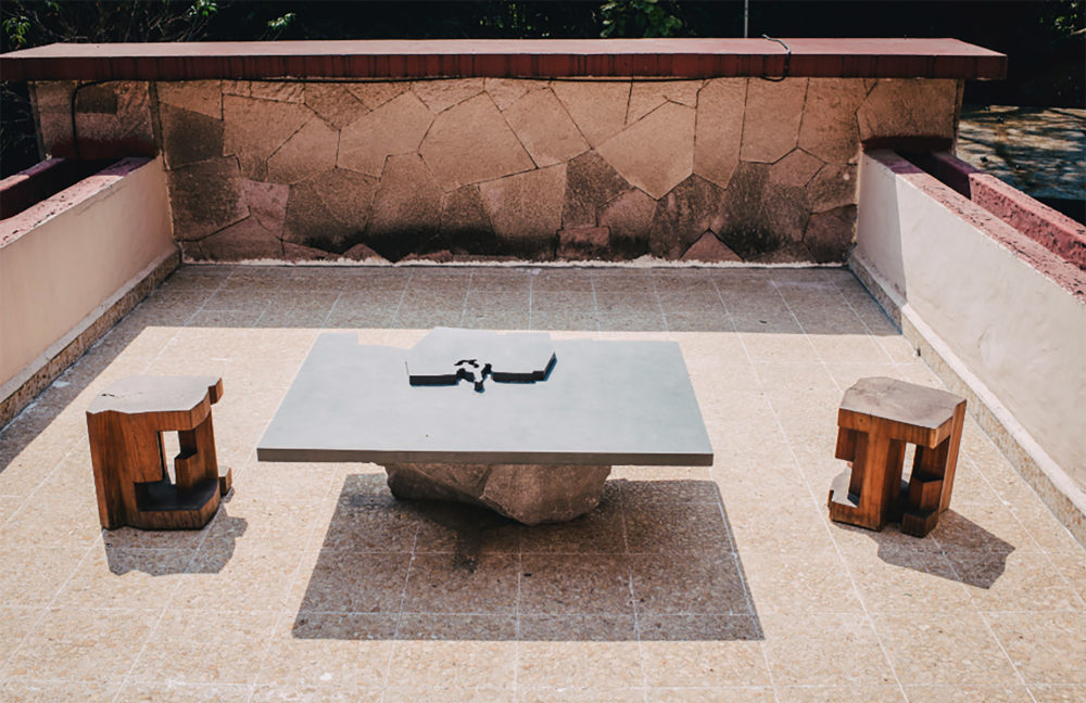 Small Outdoor Table and Wooden Stools, 2018